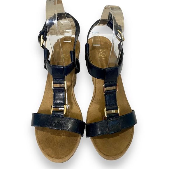 A2 Aerosoles | Navy T Strap Wedge Buckle Sandals | Size 9 - Picture 3 of 11